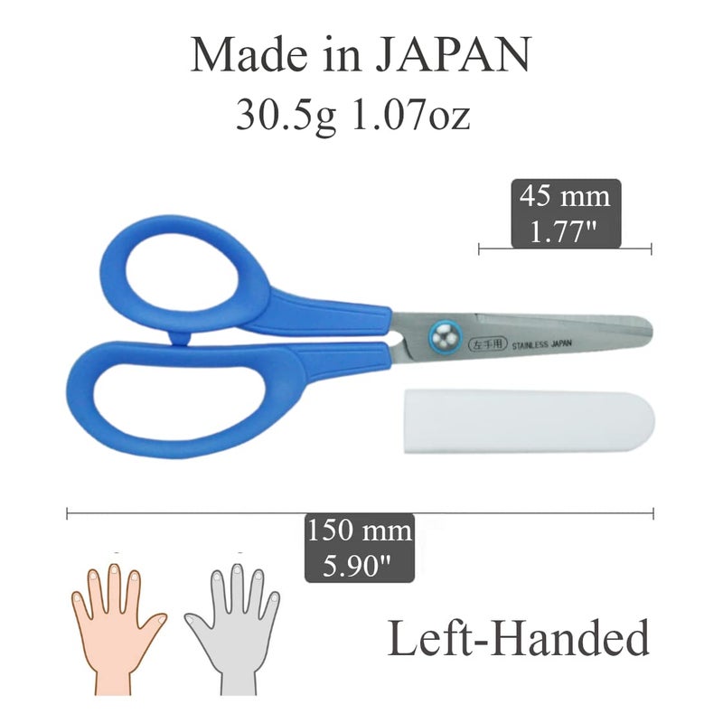 CANARY Left Handed Kids Scissors 6" for Age 6-8 Lefty Child, Safe Blunt Tip with Blade Cover, Made in JAPAN, Safety Elementary School Scissors, Blue - Image 2